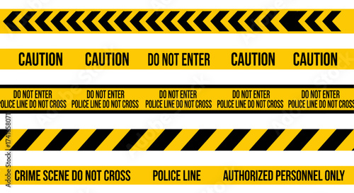 Yellow and black warning tape with various cautionary messages and patterns for safety and security applications