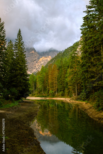 Lake Braies-Neboli-Pragser Wildsee is a lake in the Italian region of South Tyrol, one of the most beautiful lakes in the Dolomites. Italy. Tourism concept.