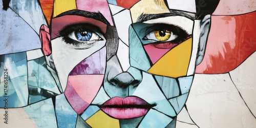 An Artistic Abstract Portrait Artwork Featuring Geometric Shapes and a Variety of Colors