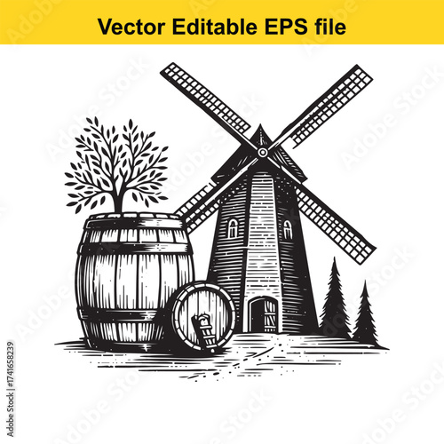 Vector art of windmill with tree in barrel and wooden barrels