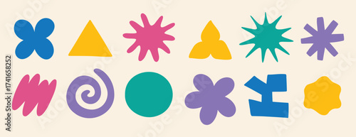 clouds and flower shapes sticker doodle retro set. Groovy funky flower, bubble, star, loop, waves trendy retro 90s 00s cartoon style.