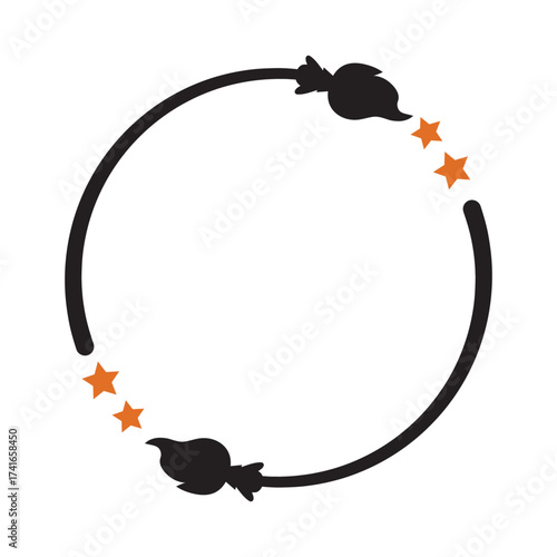Vector Halloween simple round frame with broom and stars. Circle frame with copy space for text. Isolated decorative element for autumn holiday design, invitations, greeting cards, banners, posters