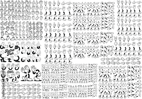 Retro cartoon legs and hands, Hands with gloves and feet with boots, various poses for characters, a set of poses, gestures, placement of hands and feet. Mascot character set. Cartoon set of limbs