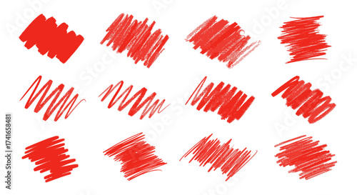 Collection of Rough Red Scribble Brush Strokes and Lines Isolated on White Background Abstract Art Design Elements
