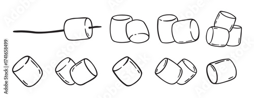 Marshmallows doodle hand drawn icon set. Outline drawing marshmallow line clipart symbol collection