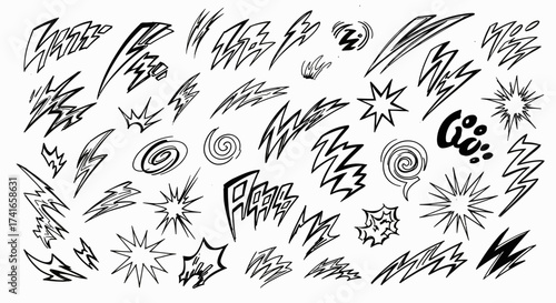 Collection of Hand Drawn Comic Book Sound Effects and Action Lines for Dynamic Visual Storytelling