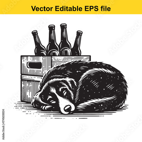 Vector art of sleeping dog with beer bottles in crate