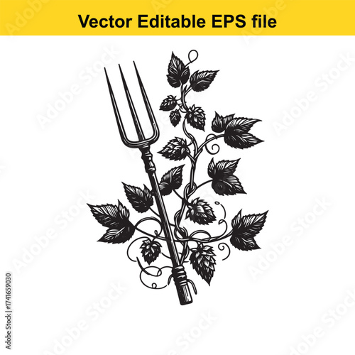 Vector art of pitchfork with hop plant and leaves
