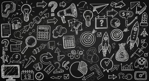 Visual Representation of Business Concepts and Startup Ideas Drawn on a Chalkboard with Various Icons and Symbols for Project Planning and Strategy Development