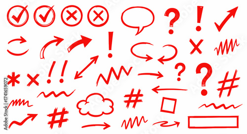 Collection of Red Hand Drawn Symbols and Symbols Indicating Checkmarks Crosses Arrows Question Marks Exclamation Points Hashtags and Speech Bubbles