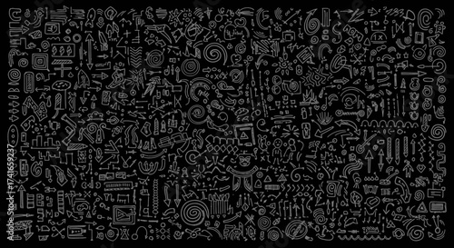 A Comprehensive Collection of Diverse Doodle Icons and Symbols Representing Abstract Concepts and Everyday Objects in White on a Black Background
