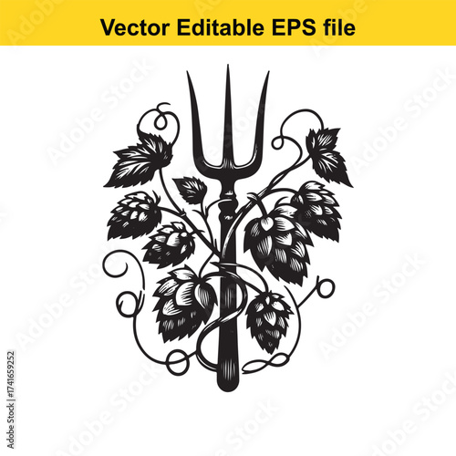 Vector art of vintage pitchfork with hops and leaves