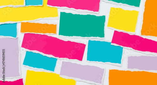 Vibrant Torn Paper Collage Displaying a Spectrum of Bold and Bright Colors and Textures for Artistic Backgrounds