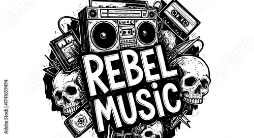 A Dynamic Illustration Featuring a Retro Boombox Surrounded by Cassette Tapes Skulls and Other Vintage Audio Equipment Symbolizing Rebel Music Culture