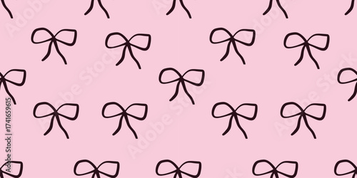 Seamless pattern with hand-drawn ribbon bows on a light pink background