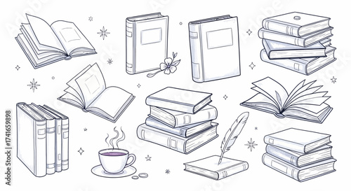 A collection of hand drawn illustrations depicting open and closed books stacks of books a quill pen and a cup of coffee illustrating the joy of reading and writing