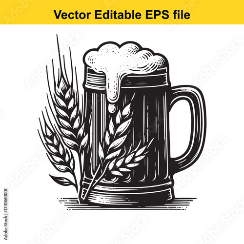 Vector art of vintage beer mug with wheat stalks