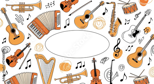 A Lively Collage Featuring a Variety of Musical Instruments Arranged Artistically on a White Background