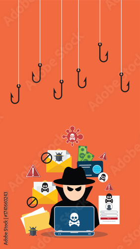 Hacker with laptop computer stealing confidential data, personal information and credit card detail. Hacking concept.	