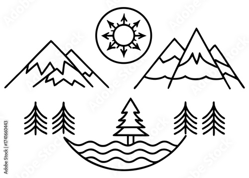 Set of 4 scalable vector graphics featuring mountains trees and river elements for design projects silhouette White background