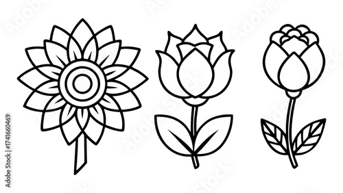 Set of 4 black vector floral icons featuring rose and sunflower illustrations scalable for design silhouette White background
