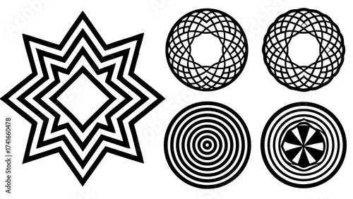 Vector geometric spiral star circles abstract optical illusion designs scalable graphics pack silhouette White background