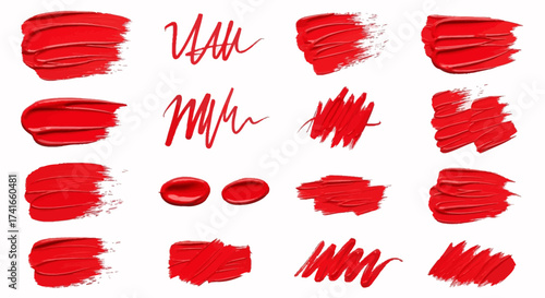 Collection of Red Paint Brush Strokes and Smears on a White Background Artistic Abstract Textures