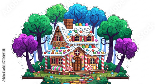 A whimsical gingerbread house adorned with candies and surrounded by colorful trees in a magical forest