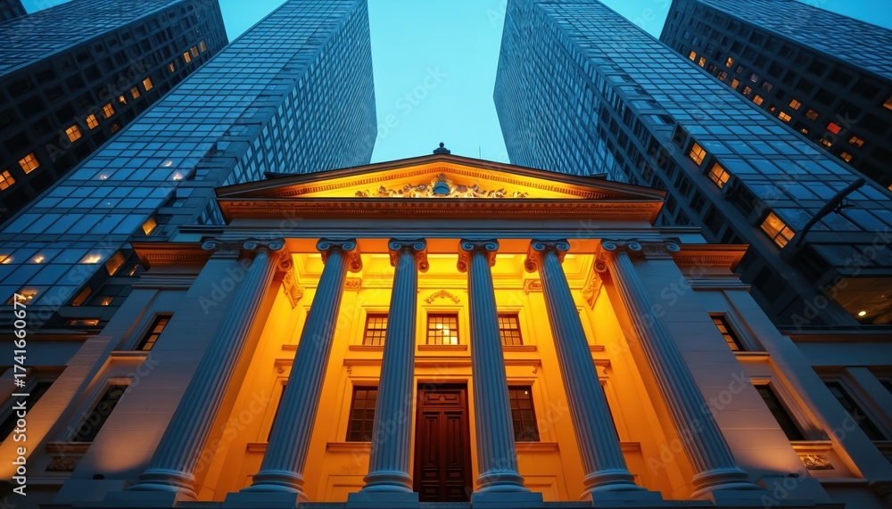 Obraz premium Imposing bank building with classical columns is lit at dusk. Modern skyscrapers rise behind it. City architecture contrasts old and new styles.