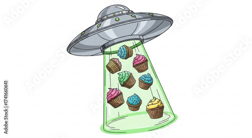Illustration of a ufo abducting colorful cupcakes with a bright green beam on a white background