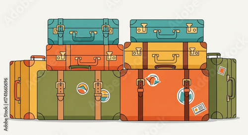 Illustration of a stacked collection of vintage suitcases in various colors and designs for travel theme