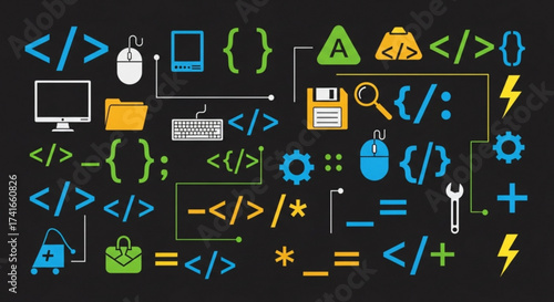 Illustration depicting various programming and coding symbols and icons on a dark background design concept