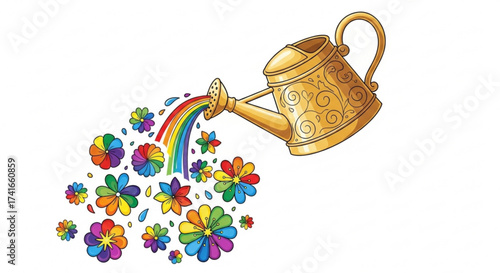Watering can pouring rainbow water onto colorful flowers in a whimsical illustration style image