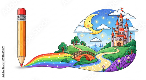 Pencil drawing a colorful rainbow path leading to a castle under a crescent moon and starry sky view