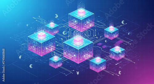 Isometric blockchain network with glowing cubes and currency symbols on a blue and purple background