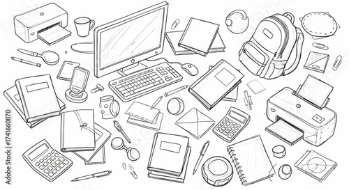 An Assortment of School and Office Supplies Hand Drawn Sketch Detailed Illustration Representing Education and Productivity