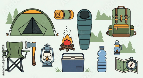 Illustration of camping equipment including a tent backpack campfire and other outdoor essentials items