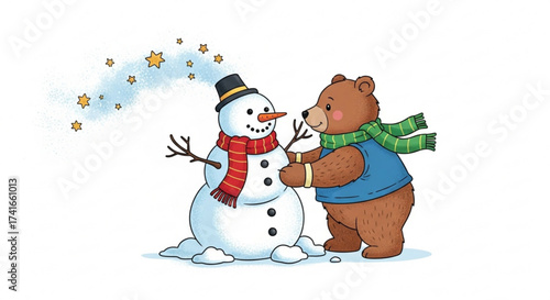 Brown bear building a snowman with a black hat and red scarf under a sky of yellow stars drawing