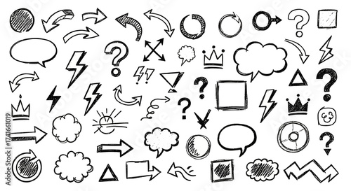 Collection of Doodle Icons Featuring Arrows Speech Bubbles Question Marks and Symbols for Graphic Design Elements