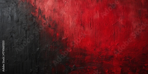 Abstract Two-Tone Background Texture of Black and Red Paint Divided Vertically with Rough Brush Strokes and Impasto Technique, Creating a Contrasting Grunge or Aesthetic Wall Texture.