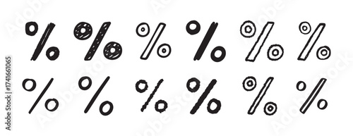 Percentage sign doodle hand drawn icon set. Outline drawing Percentage line clipart symbol collection
