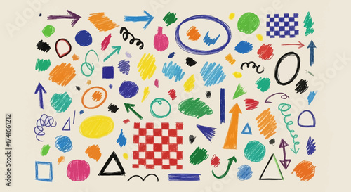 A Whimsical Collection of Scribbled Shapes and Arrows in Vibrant Colors and Playful Patterns