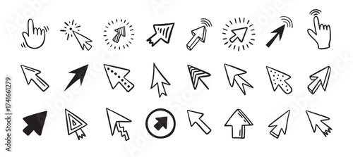 Cursor doodle icon set. Click cursor hand drawn set. Isolated mouse cursor 