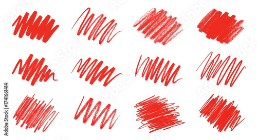 Collection of twelve vibrant red scribbles indicating artistic expression and creative mark making suitable for design elements