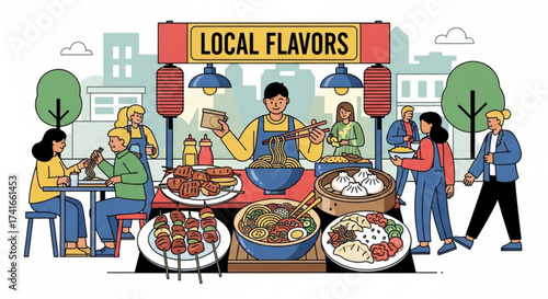 Illustration of a local flavors food stand with people eating and preparing various asian dishes