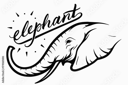 Elephant illustration with artistic lettering on a white background  