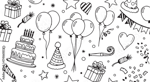 Black And White Doodle Pattern Of Birthday Party Elements celebration sketch on white background also transparent background