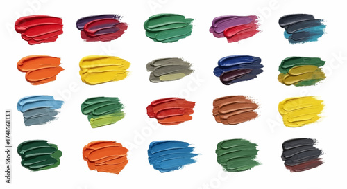 A Vibrant Assortment of Colorful Paint Swatches Displayed in a Grid on a White Background Showcasing a Spectrum of Hues for Artistic Expression and Design Projects