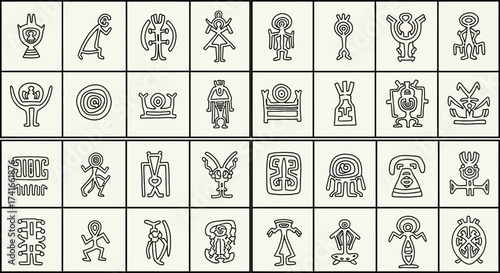 Ancient Hieroglyphic Symbols Collection Depicting Mythological Creatures Animals and Abstract Designs