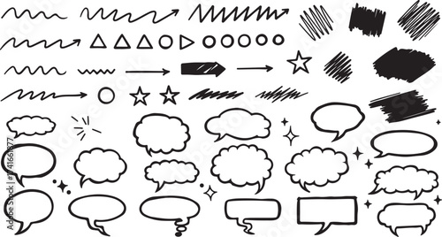 Hand Drawn Doodle Elements Arrows Shapes Speech Bubbles Stars and Scribbles Keywords: doodle, hand drawn, sketch, drawing, element, icon, arrow, shape, on white background also transparent background